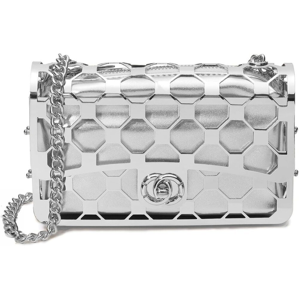 ⚡Women's Evening Elegant Exquisite Metal Hollow Clutch Silver Crossbody Handbag